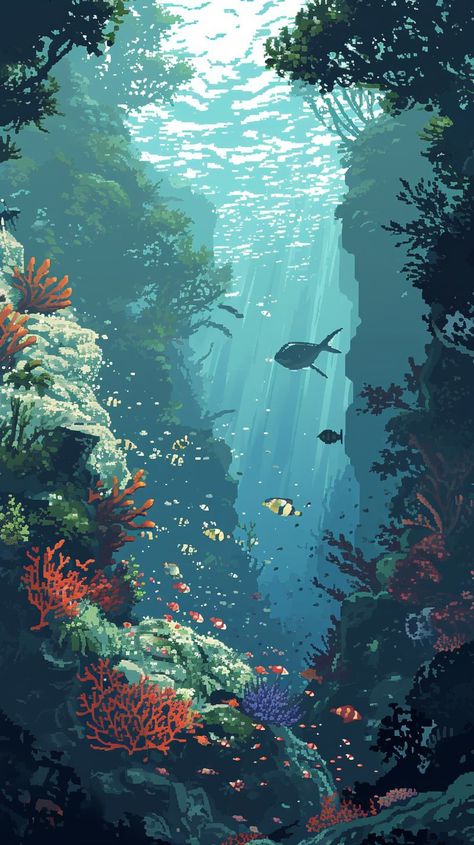 Phone Wallpapers (@PhoneWaIlpapers) on X Landscape Drawing Tutorial, Fish Background, Pixel Art Landscape, Sea Illustration, Underwater Painting, Pixel Art Background, Pretty Backgrounds, Cool Wallpapers Art, Landscape Drawings