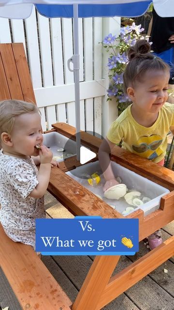 Julie Gealey • Working mom of ✌🏼+ 🤰🏼 on Instagram: "Toddler moms- thank me later! 

One of our all-time favorite Amazon purchases is this picnic table that doubles as a sensory table. It’s made from cedar, and comes with the sensory table inserts and the umbrella ☂️ all for $99

We used this almost every day last spring/summer for snacks, activities, and sensory play. I can’t wait to pull this out of the garage for use again all summer. 

If you want the direct link comment “table” and I’ll send it your way 💦

#toddlerlife #toddleractivities #toddlermoms #sensoryplay #outdoorplay #toddlermusthaves #amazonfinds" Outdoor Sensory Table, Pinic Table, Toddler Picnic Table, Toddler Water Table, Outdoor Activities For Toddlers, Toddler Table And Chairs, Toddler Table, Camping Water, Amazon Purchases