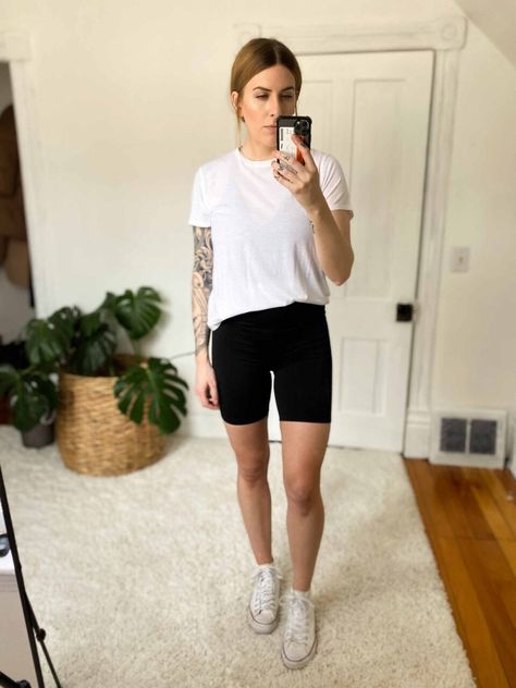 11 Ways To Wear Bike Shorts (Think Leggings, But Summer) | The Mom Edit Cycle Shorts Outfit Summer, How To Wear Biker Shorts, Shorts And Tshirt Outfits, Bike Shorts Outfit Summer, Bike Riding Outfit, Cycling Shorts Outfit, Bike Shorts Outfit, Leggings Outfit Summer, Mom Edit