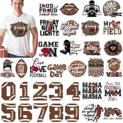 PRICES MAY VARY. Package Contents: you will receive 30 pieces of American football iron on transfers, which are rich in quantity and various in styles, can well meet your decoration, sharing and replacement needs Easy to Use: the football patches decals appliques are easy to apply, just use a heat transfer machine or household iron to iron the stickers against your bags or clothes at about 150 degree Centigrade for 10-15 seconds, and tear off the protective film, then the cute patterns will be p Football Spirit Shirts, High School Football Shirts, Football Helmet Design, Football Sister, Helmet Designs, Football Spirit, Football Shirt Designs, Football Transfers, Sports Mom Shirts