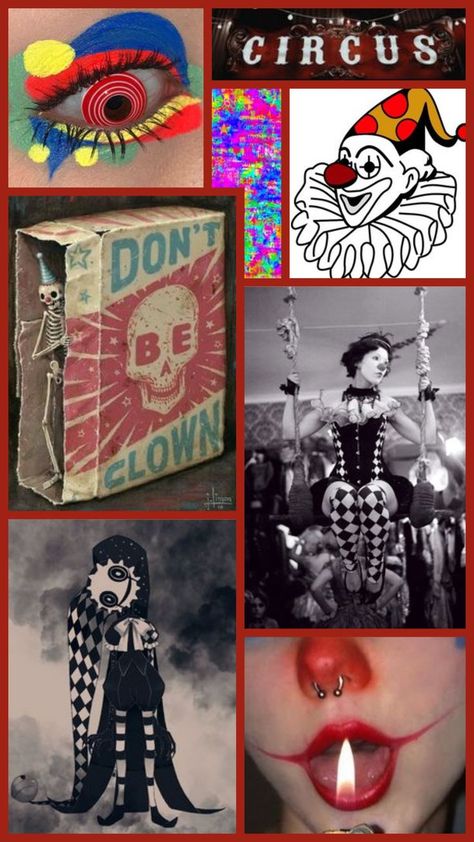 Dark Clowncore (Aesthetic board) Emo Clown Aesthetic, Clown Moodboard Aesthetic, Jestercore Aesthetic, Dark Clowncore Aesthetic, Dark Clown Aesthetic, Clown Moodboard, Clowns Aesthetic, Goth Clowncore, Dark Clowncore