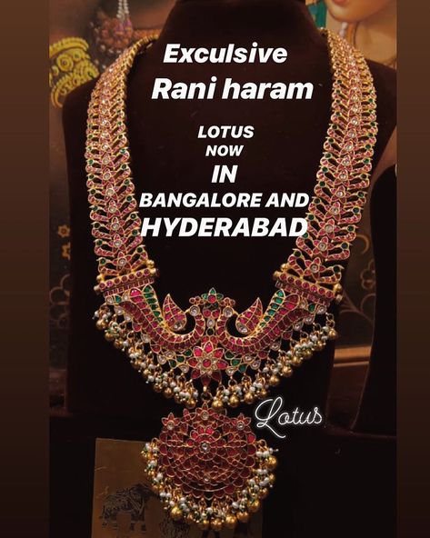 Gold Plated Rani Haram by Lotus Silver Jewellery ~ South India Jewels Lotus Silver Jewellery, Rani Haram, Kundan Haram, Malleshwaram Bangalore, Temple Jewellery Earrings, Bridal Necklace Designs, Gold Temple Jewellery, Antique Gold Jewelry Indian, Antique Jewelry Indian