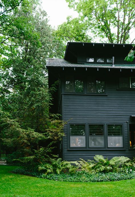 Painting the Cabin Dark Green - Deuce Cities Henhouse Dark Home Exterior, Mountain House Exterior, Home Designs Exterior, Black Houses, Dark House, Lots Of Windows, Cottage Exterior, Dark Home, Black House Exterior