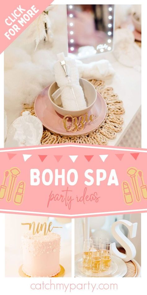 Don't miss this fabulous boho spa birthday party! Love the pink birthday cake! See more party ideas and share yours at CatchMyParty.com Spa Party Ideas For Girls Birthday Cake, Spa Birthday Cake, Spa Cake, Boho Chic Party, Planes Party, Spa Birthday Parties, Girls Birthday Party Themes, Spa Birthday, Pamper Party