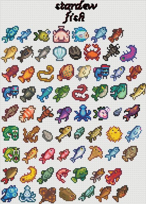 cross-stitch pattern for all the different fish in Stardew Valley, you receive a PDF file that includes the pattern and which DMC thread colours you will need. These can be recreated on any aida size. I recommend using these patterns to make earrings, a little collage, etc. Ideas For Pixel Art, Fruit Perler Bead Patterns, Small Square Cross Stitch Pattern, Stardew Valley Knitting Pattern, Stardew Valley Monsters, Little Cross Stitch Patterns, Stardew Cross Stitch Pattern, Fish Cross Stitch Patterns, Stardew Valley Cross Stitch Pattern Free