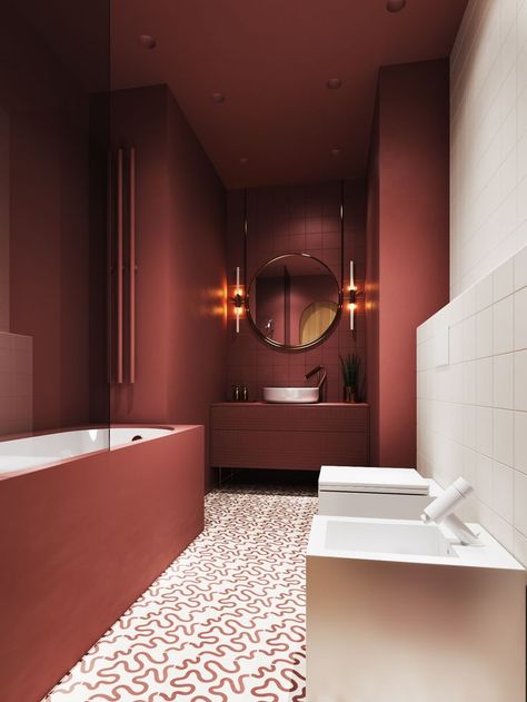 I don't hate this color scheme.....Burgundy bathroom Bathroom Model, Bilik Air, Bathroom Inspiration Modern, Interior Design Per La Casa, Bathroom Design Trends, Bathroom Red, Flooring Trends, Design Websites, Bathroom Inspiration Decor