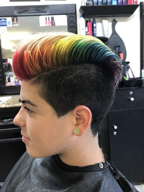 Rainbow faux hawk short hair Dyed Faux Hawk, Rainbow Mow Hawk, Rainbow Faux Hawk, Rainbow Hair Color Short Pixie, Short Rainbow Hair Men, Rainbow Hair Color Ideas For Short Hair, Short Hair Rainbow, Rainbow Pixie Hair, Rainbow Hair Color Short