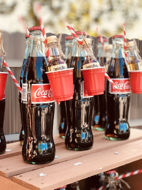 Rum Party Theme, Coca Cola Gift Ideas, Coca Cola Theme Party, Coca Cola Birthday Party, Rum And Coke Party Favors, Diy Prizes, Coke And Rum, Glass Coke Bottle Centerpieces, Coke Wedding Favors