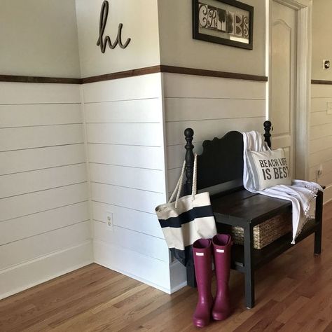 Shiplap doesn't have to cover an entire wall to create impact. We updated our boring entry way with shiplap and a wood accent. Updated Shiplap Wall, Farmhouse Living Room Accent Wall, Shiplap Wall Kitchen, Shiplap Board And Batten, Diy Shiplap Fireplace, Faux Wood Wall, Builder Grade Kitchen, Shiplap Boards, Batten Wall