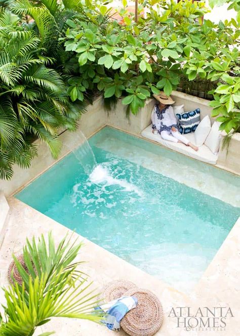 28 Refreshing plunge pools that are downright dreamy In Ground Cold Plunge, Spillover Spa Pool, Dipping Pool Small Backyard, Plunge Pools For Small Yards, Dip Pools, Plunge Pool Ideas Small Spaces, Round Plunge Pool, Small Plunge Pool, Courtyard Pools