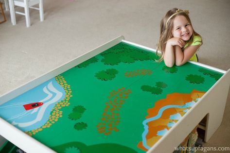 Playing with an empty train table. Turn into a Frozen playscape! Train Table Makeover Ideas, Train Table Repurpose Ideas, Train Table Makeover, Kids Train Table, Twos Classroom, Wooden Train Table, Train Table Layout, Frozen Play, Upcycle Kids