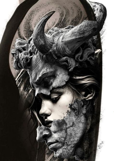 Dark Eyes Tattoo, Gods Tattoos Mythology, Two Faces Art, Good Vs Evil Tattoo, Greek Tattoo, Where Tattoo, American Traditional Tattoo Ideas, All Black Tattoos, Surreal Tattoo