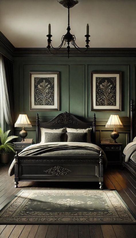 25 Chic Black and Dark Green Bedroom Ideas for a Trendy Look 39 Dark Teal Bedroom, Dark Academia Bedroom, Dark Academia Interior, Dark Green Rooms, Academia Bedroom, Vintage Bedroom Ideas, Tiny House Bedroom, Vintage Bedroom Decor, Teal Bedroom