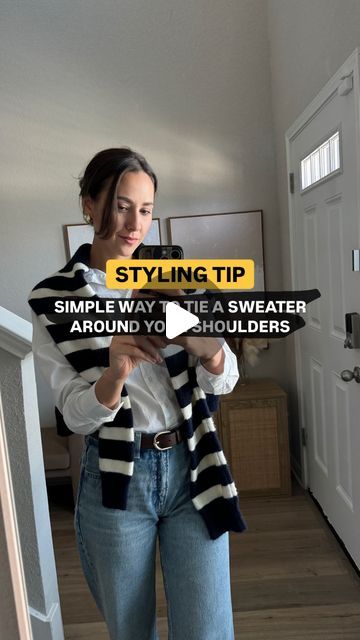 Anna | Fashion Stylist | Basic Wardrobe Pro on Instagram: "🚨 Styling Tip Alert 🚨 Easy way to tie a sweater around your shoulders ❤️  ✨ Follow for more styling tips & inspo ✨ ✨ Share with someone who will like it ✨  #sweaterhack #stylinghacks #howtotie #sweaterstyle #oldmoney #classystyle" How To Wear A Sweater Over Shoulders, Tied Sweater Around Shoulders, How To Wear Sweater Over Shoulders, Sweater Around Shoulders Outfit, Sweater On Shoulders Outfits, Tie Sweater Around Shoulders, How To Tie A Sweater, Sweater Around Shoulders, How To Tie A Sweater Around Shoulders