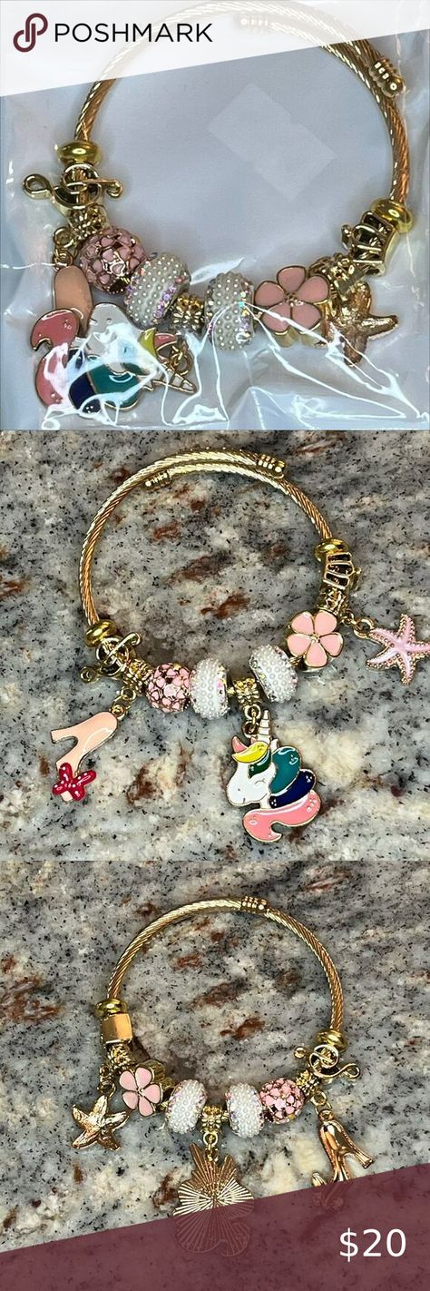 Bracelet Bangle Unicorn Bangle Charm Bracelet in Gold Tone Multi colored School Vacation, Star Fish, Travel Business, Bangle Bracelets With Charms, Source Unknown, Bracelet Bangle, Holiday Birthday, Multi Colored, Bangle Bracelets