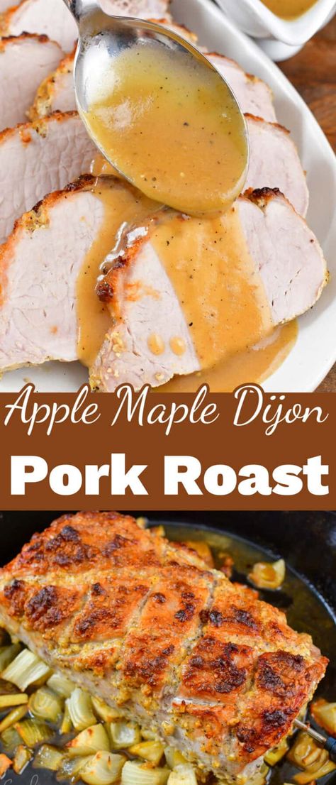 Apple Maple Dijon Pork Roast is a beautiful main course for family and holiday dinners infused with apples, maple syrup, and Dijon mustard flavors. This pork loin is oven roasted to tender, juicy perfection on the bed of vegetables. A recipe for a fantastic pan-drippings gravy is also included. Drippings Gravy, Apple Crockpot Recipes, Pork Roast Recipes Oven, Apple Pork Loin, Pork Loin Recipes Oven, Pork Roasts, Baked Pork Loin, Pork Roast With Apples, Crockpot Pork Loin