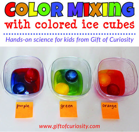 Color mixing activity using colored ice cubes to show children how the three primary colors of magenta (red), cyan (blue), and yellow mix to make the three secondary colors of orange, green, and purple. Great hands-on science for kids! Perfect for preschool or kindergarten lessons on colors and color mixing. #preschool #kindergarten #colors #colormixing #ece #handsonscience || Gift of Curiosity Color Mixing Activities Kindergarten, Coloring Mixing Preschool, Mixing Colours Kindergarten, Primary Colours Activity For Preschool, Mandala Art For Preschoolers, Colour Kindergarten Activities, The Colour Monster Activities Preschool, Color Of The Week Activities, Colour Activities For Kindergarten