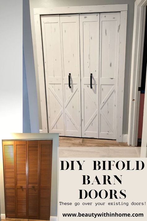 outdated shutter style wood bifold doors and then white diy bifold barn doors Diy Bifold Barn Doors, Diy Bifold Doors, Door Remodel, Bifold Doors Makeover, Making Barn Doors, Diy Closet Doors, Laundry Doors, Door Makeover Diy, Closet Door Makeover