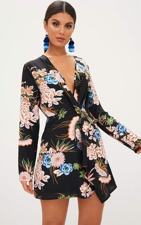 Black Floral Long Sleeve Wrap Dress Basic Dress Pattern, Long Sleeve Wrap Dress, Wrap Around Dress, Affordable Fashion Women, Silk Floral Dress, Dress Wrap, Neckline Dress, Dress Silk, Dress Flower