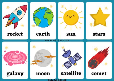 Space Flashcards- Free Printable Worksheets - Kids Art & Craft Space Games For Kids, Planet For Kids, Heavenly Bodies, Sun And Earth, Flashcards For Kids, Space Games, About Space, Water Bodies, The Solar System