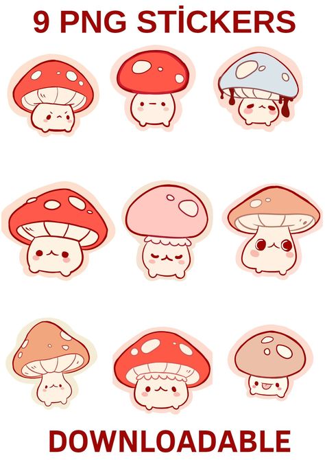 Cute Mushrooms PNG stickers - bundle of 100+ PNG files | Cute mushrooms clipart set. Perfect for your design projects, invitations, greeting cards, packaging, and Free Printable Stickers Templates, Cute Sticker Drawing, Cute Printable Sticker Sheets, Cute Stickers Printable, Mushroom Colors, Cute Printable Stickers, Cute Sticker Design, Kou Diabolik Lovers, Mushroom Stickers