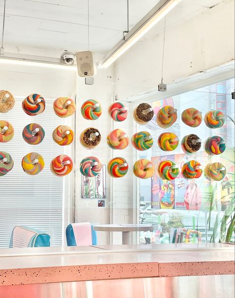 Bagel Shop Aesthetic, Bagel Wall, Bagel Display, Matcha Bar, Bagel Cafe, Matcha Bars, Bagel Breakfast, Bagel Bar, Cafe Vibes