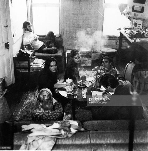 A group of beatniks sit in an apartment at 24 Cornelia Street, New York, New York, December 5, 1959. Dian Doyle and Kirby Doyle, Mimi Margaux, Stella Pettelli, and Philip Lamantia and Jerrold Heiserman. Writer's Office, Apartment New York, New York December, Beatnik Style, Chelsea Hotel, Beat Generation, Far Side, I'm With The Band, New York New York