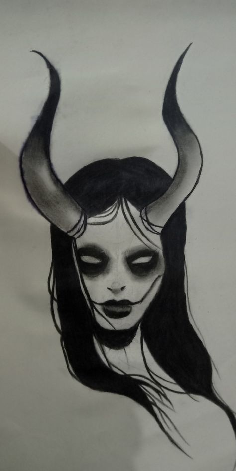 Evil Things To Draw, Satanic Drawings Easy, Demon Woman Drawing, Gothic Drawings Creepy Dark Art, Horror Drawings Creepy Demons, Female With Horns, Angry Woman Drawing, Devil Girl Drawing, Evil Nun Drawing