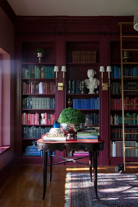 My Favorite Moody Paint Colors from Sherwin-Williams Burgundy Paint Colors, Moody Room, Red Velvet Sofa, Luminaria Diy, Burgundy Paint, Home Library Design, Library Design, Cheap Decor, Home Library