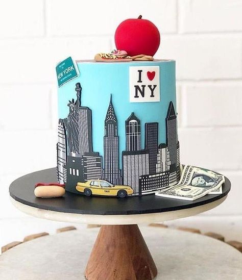 Birthday Cake Nyc, Building Cake, Mountain Wedding Cake, Nyc Cake, New York Cake, Globe Cake, City Cake, New York Theme, Travel Cake