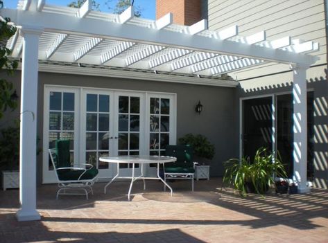 Attached Pergolas, Pergola Patio Attached To House, Patio Attached To House, Attached Pergola, White Pergola, Vinyl Pergola, Small Pergola, Pergola Curtains, Cheap Pergola