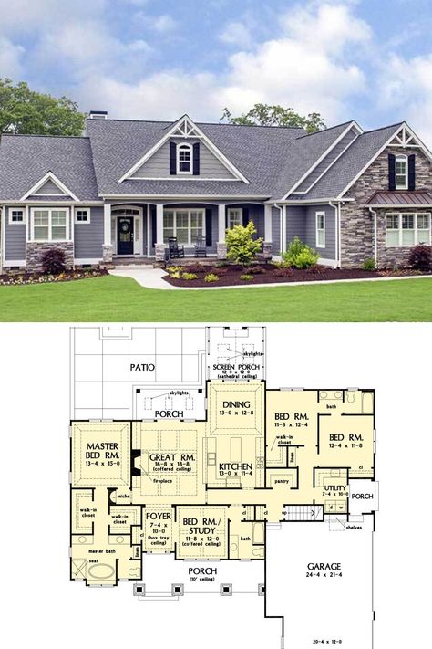 The amazing modern craftsman exterior and front yard landscaping of this one story luxury modern bungalow craftsman house plan with 4 bedrooms and 3 bathrooms. It includes beautiful modern rustic craftsman style homes interior design and decor. This over 2000 sq ft, one level open concept bungalow's full floor plan and blueprint layout is at https://www.dongardner.com/house-plan/1415/the-lucy #blueprint #FloorPlan #1story #OneStory #SingleStory #CraftsmanHousePlans One Story Craftsman, One Story Craftsman House Plans, Modern Craftsman House, Gray Exterior, Decorative Columns, Two Story House Plans, House Plans One Story, 4 Bedroom House Plans, Modern Craftsman