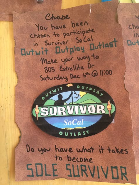 Survivor invitation Survivor Theme Party, Survivor Poster, Survivor Party Games, Survivor Birthday Party, Survivor Party Ideas, Survivor Theme, Survivor Idea, Survivor Challenges, Survivor Tv