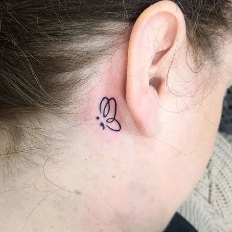 Semi-colon Butterfly Tattoo Behind The Ear, Simple Behind Ear Tattoos For Women, Semi Colon Behind Ear Tattoo, Semi-colon Tattoo Behind The Ear, Semi-colon Tattoo Ideas Wrist, Semi-colon Butterfly Tattoo Simple, Hidden Semi-colon Tattoo Ideas, Semi Colon Tattoos For Women, Small Ear Tattoos For Women