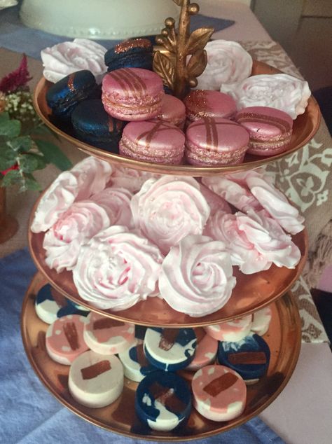 Metallic Macarons. Meringue roses. Chocolate covered Oreos. blue and pink sweet 16 Blue And Pink Dessert Table, Blue And Rose Gold Birthday Party, Navy Blue And Pink Sweet 16, Rose Gold And Navy Blue Birthday Party Decorations, Navy Blue And Rose Gold Dessert Table, Sweet 16 Rose Gold Theme, Pink And Blue Sweet 16 Themes, Navy And Rose Gold Gender Reveal, Rose Gold And Blue Gender Reveal