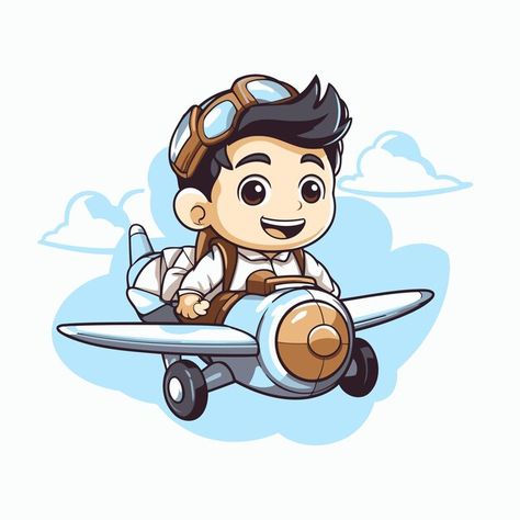 Airplane Vector Illustration, Pilot Cartoon, Airplane Cartoon, Planes Birthday Party, Airplane Vector, Planes Birthday, Chibi Boy, Logo Psd, Cute Cartoon Characters