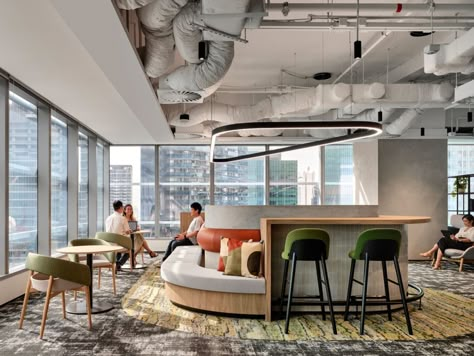 Photo: 355552 Office Social Area, Office Lounge Area Design, Bar Stool Bench, Office Collaboration Space, Platform Office, Office Lounge Area, Collaboration Area, Work Cafe, Company Office