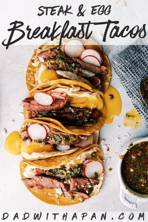 Steak and Egg Breakfast Tacos topped with some chimichurri and a little queso fresco and you've got a amazing twist on a breakfast classic! Flank Steak Breakfast, Steak And Eggs Brunch Ideas, Steak And Eggs Sandwich, Steak And Egg Tacos, Steak Breakfast Tacos, Skillet Egg Sandwich, Breakfast Bbq Ideas, Bbq Breakfast Ideas, Breakfast Steak Recipes