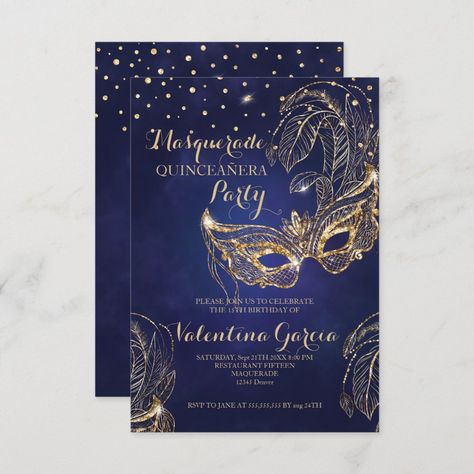 Masquerade glitter quinceanera mask invite navy - navy gold save the date invitations Quinceanera Masquerade, Sweet 16 Party Planning, Masquerade Invitations, New Years Ball, Gold Glitter Party, Gold Save The Dates, Promotion Party, Masquerade Theme, Quinceanera Themes