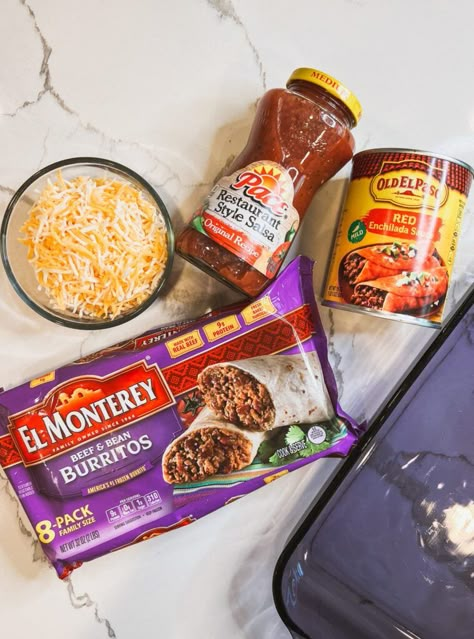 Best Frozen Burrito Casserole Frozen Chimichanga Casserole, Enchiladas With Frozen Burritos, Frozen Enchilada Casserole, Frozen Burrito Enchilada, Easy Wet Burrito Recipe, Fun Family Meals, Frozen Burrito Casserole, Wet Burrito Recipes, Burrito Casserole Recipe