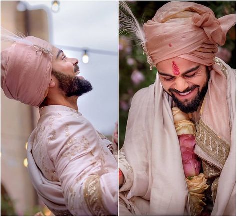 62 Likes, 1 Comments - BollyStyleFile (@eattweetblog) on Instagram: “Happy Groom! @virat.kohli wearing custom @sabyasachiofficial for his big day! Love the pastel color…” Turban For Wedding, Anushka Sharma Virat Kohli, Wedding Turban, Anushka Sharma And Virat, Virat Kohli And Anushka, Sherwani For Men Wedding, Virat And Anushka, Groom Dress Men, Wedding Outfits For Groom