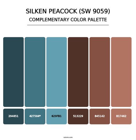 Silken Peacock (SW 9059) - Complementary Color Palette Peacock Blue Decor, Peacock Color Palette Bedroom, Sherwin Williams Silken Peacock, Petrol Blue Colour Palette, Silken Peacock Sherwin Williams, Petrol Color Palette, Silken Peacock, Peacock Color Palette, Peacock Blue Paint