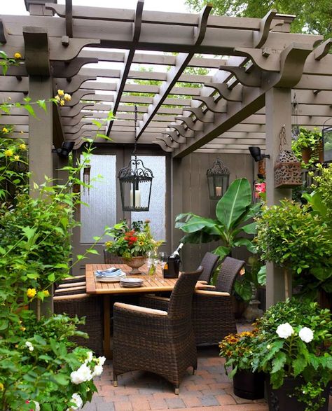 Brandon Barre Photography - decks/patios - gray, pergloa, gray, doors, teak, dining table, wicker, dining chairs, pergola, garden pergola, o... Gray Pergola, Dining Pergola, Barre Photography, House Pergola, Gray Doors, Pergola Outdoor, Lanterns Outdoor, Garden Pergola, Gray House