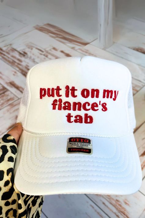 Bachelorette Party Trucker Fiance Hat Put It on My Fiance's Tab Engagement Gift Engaged Bachelorette Party Bridal Shower Bride Gift Wife - Etsy Bride Made Gifts Ideas, Bachelorette Party Christian, Put In Bay Bachelorette Party, Engaged Clothes, Wedding Party Hats, Bachelorette Party Ideas Cruise, Diy Bridal Gifts, Trucker Hats Bachelorette, Bachelorette Accessories For Bride