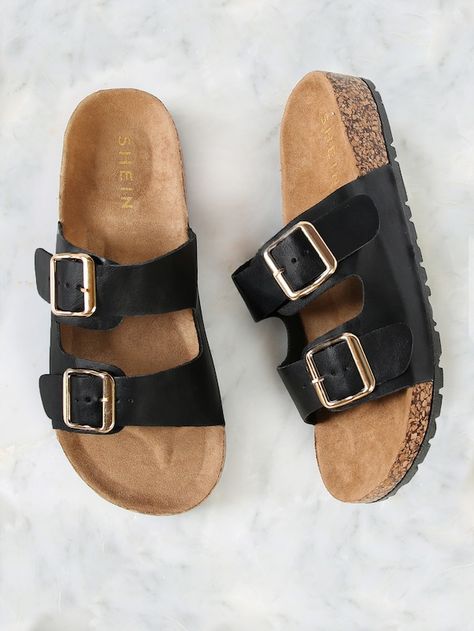 Double Buckle Cork Footbed Slide Sandal -SHEIN(SHEINSIDE) Trendy Slippers, Sandals Outfit, Sandal Online, Buckle Sandals, Sandals For Women, Trendy Shoes, Spring Shoes, Sandals Summer, Shoes Women