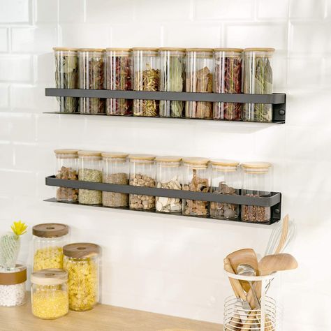 Canisters For Kitchen, Organize Kitchen Spices, Seasoning Organizer, Wall Spice Rack, Spice Rack Organization, Counter Organizer, Kitchen Floating Shelves, Wall Mounted Spice Rack, Kitchen Counter Organization