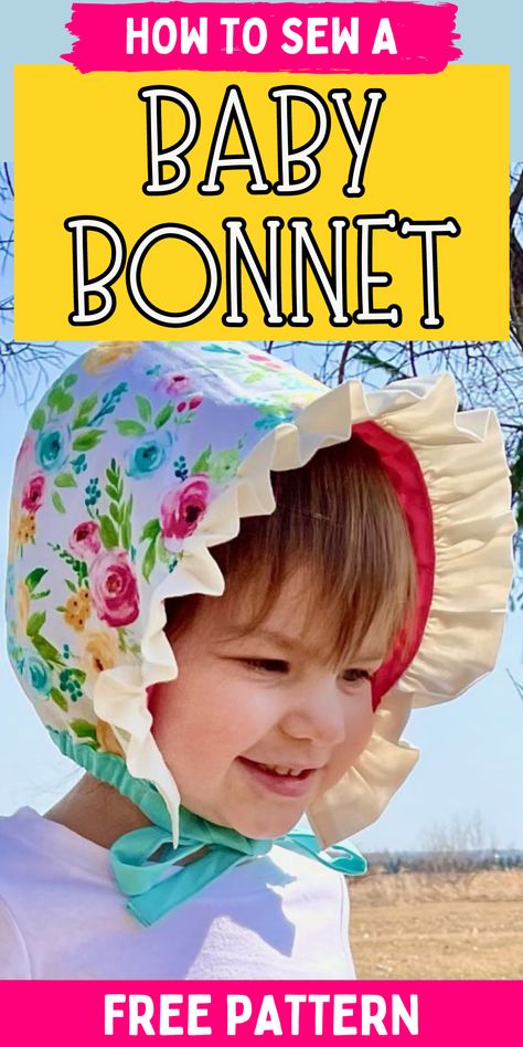 DIY baby bonnet. How to sew a bonnet for your baby. Easy baby bonnet sewing project. Baby Bonnet Pattern Free Sewing, How To Make A Bonnet, Baby Bonnets Pattern Free Sewing, Baby Bonnet Pattern Free, Bonnet Sewing Pattern, Upcycle Baby, Baby Sewing Patterns Free, Newborn Baby Bonnet, Baby Bonnet Pattern