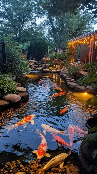 A serene evening at a beautifully lit koi pond surrounded by lush greenery and stones. Small Coy Pond Ideas Backyards, Pond With Lily Pads, Koi Pond Ideas, Backyard Koi Pond, Coy Pond, Lilly Pond, Pond Pool, Patio Pond, Serene Garden