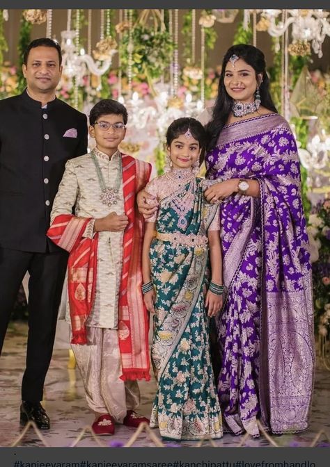 Family Matching Outfits Indian, Dhoti Function, Saree Function, Kids Indian Wear, Half Saree Function, Bridal Sarees South Indian, Kids Blouse Designs, Wedding Saree Blouse Designs, Traditional Blouse Designs