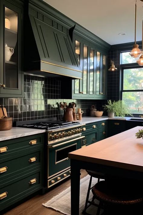 Blue Green Kitchen, Green Tile Backsplash, Green Kitchen Designs, Dark Green Kitchen, Classy Kitchen, Kitchen Styles, Green Kitchen Cabinets, Kitchen Island Table, Green Cabinets